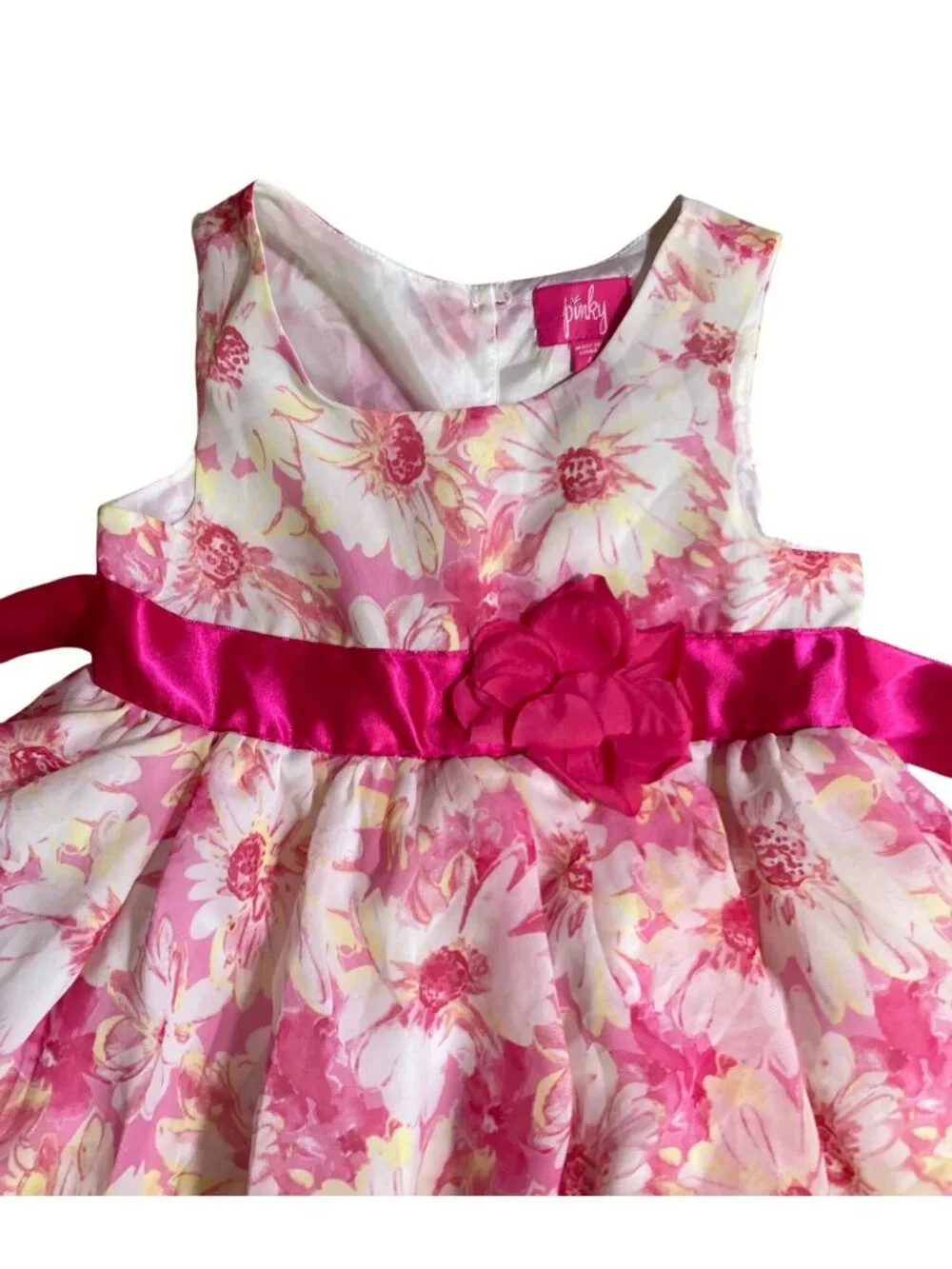 Pink White Floral Sleeveless Tiered Girls Dress With Pink Sash & Flower Size 4